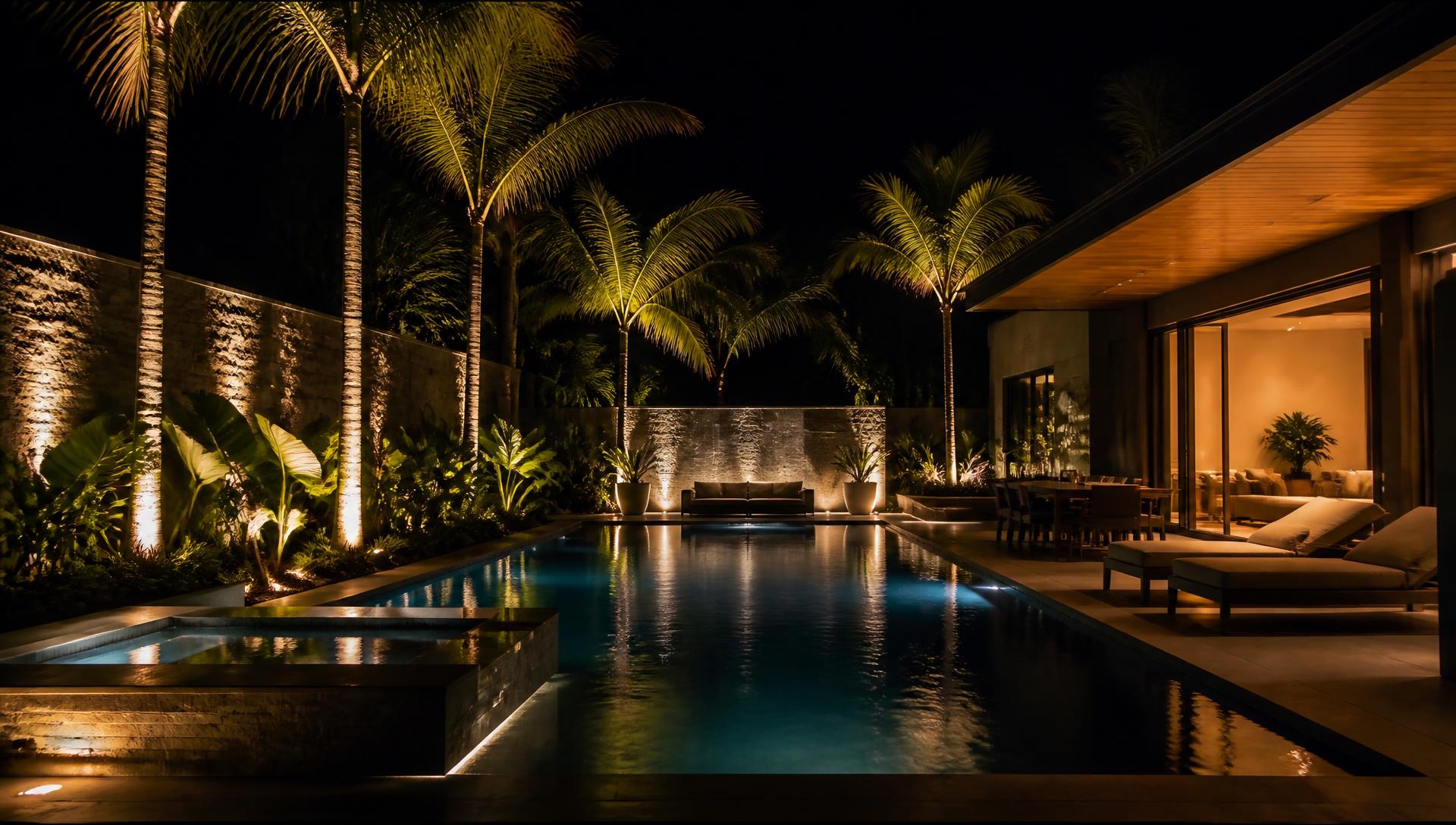 Modern poolside patio at night with uplit palm trees and warm landscape lighting