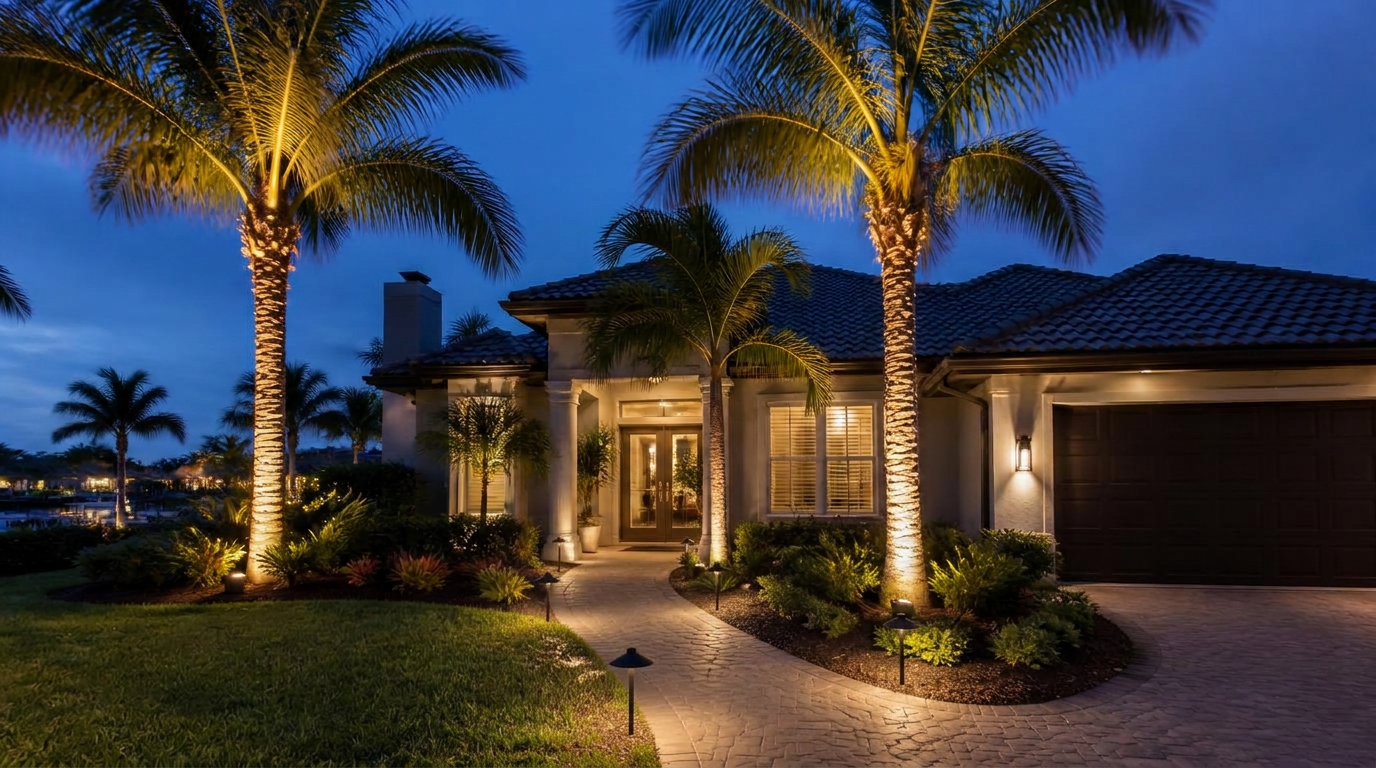 Night scene of a modern home lit by Lumiq spotlights and path lights